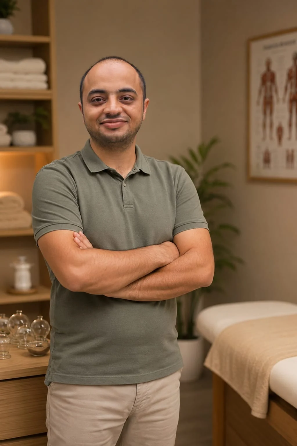 Portrait de Kerim Kasım Çifçi en polo vert, les bras croisés